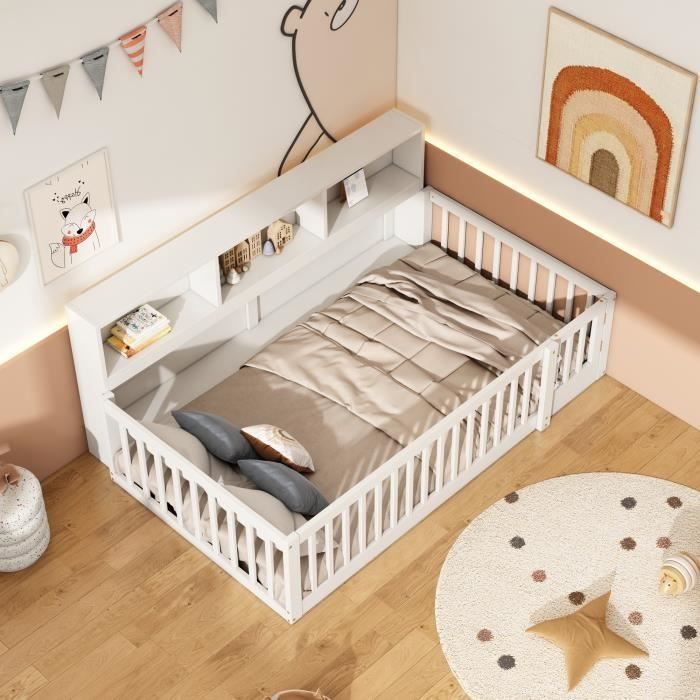 Cama infantil - LEYTN - 90x200cm - Madera de pino y MDF - 4 compartimentos - Barandillas de seguridad