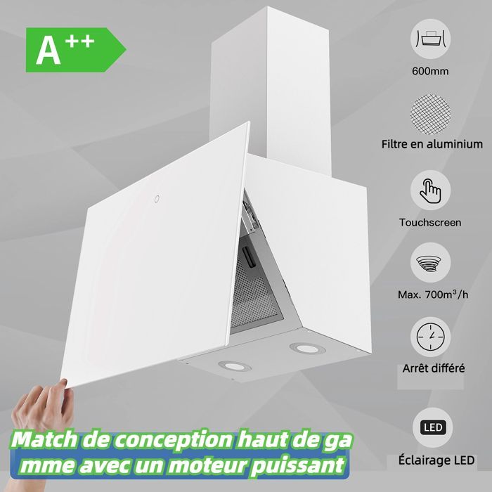 Hotte aspirante,murale de cuisine inclinee hotte,A++,700m³/h,3 Vitesses,Recyclage avec Filtre à Charbon,Touche Tactile L60 cm