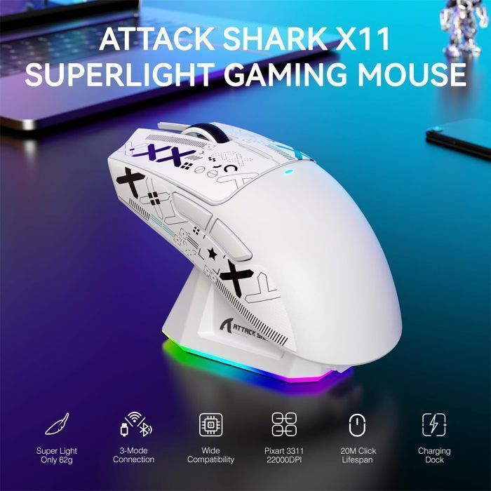 Mouse Gamer Sem Fio Attack Shark X11 com Pegas para PC/Mac, Branco