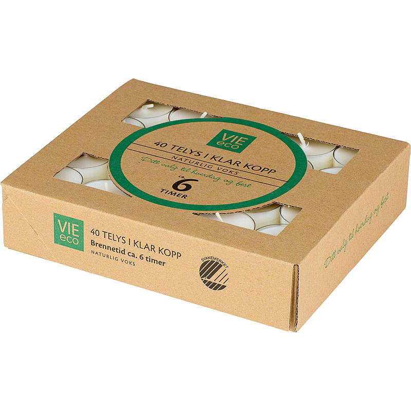 Vie Eco velas de té, paquete de 40 unidades, 6 horas de duración, etiqueta ecológica Nordic Swan.