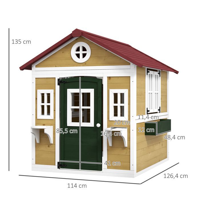 Cabane enfant extérieur maison enfant extérieure avec porte fenêtres et jardinières 114 x 126,4 x 135 cm beige