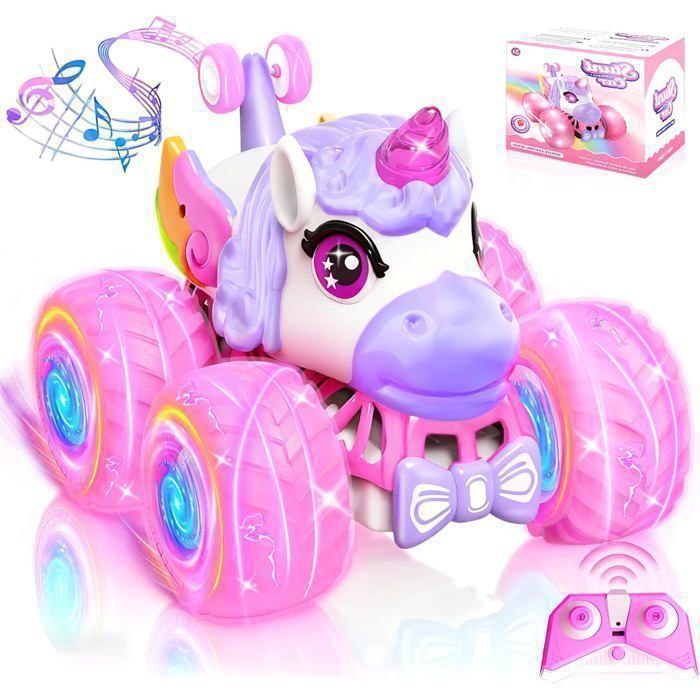 Voiture Télécommandée Licorne pour Filles Véhicule Tout-Terrain RC Rechargeable Lumières LED & Musique, Cascades 360°- 17*17*15.5 cm