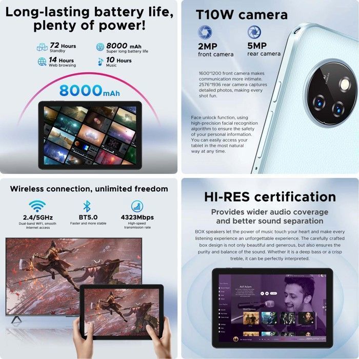 Tablette Tactile DOOGEE T10W 10.1 pouces Android 14 Dual SIM LTE 9 Go RAM + 128 Go ROM 8000mAh - WiFi 4G Tablette PC TÜV -Bleu