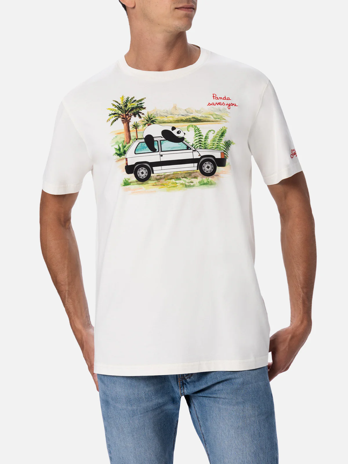 Heren katoenen T-shirt met panda-print en borduurwerk | Panda-editie