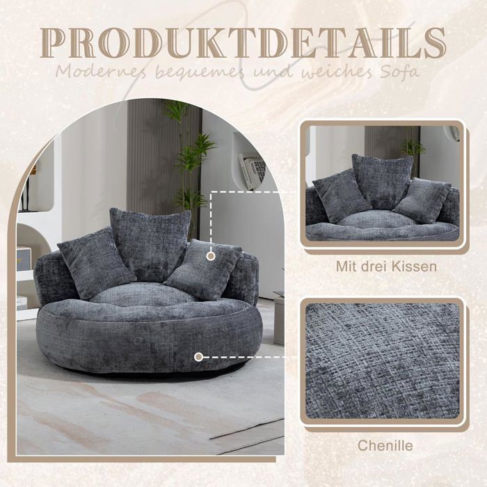Lemonbest Pouf poire avec trois coussins pour, Convient pour la chambre et le salon, Lazy Canapé, 108*108*52cm chenille Gris
