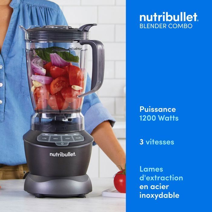 Nutribullet Combo Blender - NBF500DG - 1200 Watt - 1,65 liter kan - Inclusief 2 bekers en 2 reisdeksels - Zwart - BPA-vrij