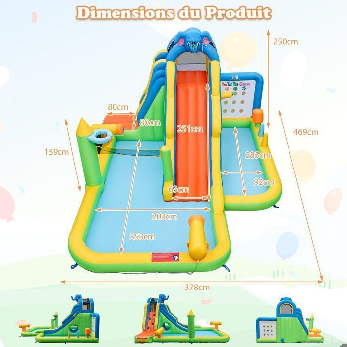 Château Gonflable 9 en 1 DREAMADE avec Toboggan, Mur d'Escalade, Piscine à Balles, Charge 90kg, en Forme Éléphant