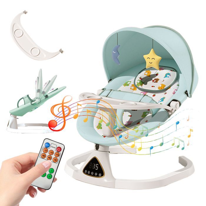 Elektrische babyschommel - 5 schommelstanden - Bluetooth-muziek - Afstandsbediening - Timer - Met dienblad - Groene babyschommel