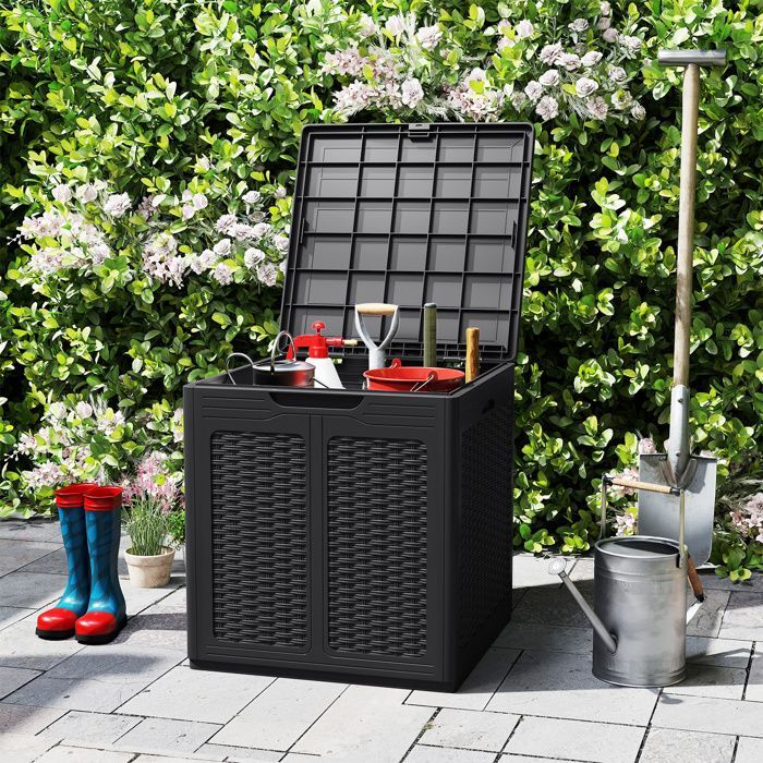 COSTWAY Coffre de Rangement Extérieur 145 L - 56 x 56 x 60,5 cm (L x l x H), Motifs en Rotin PP Noir