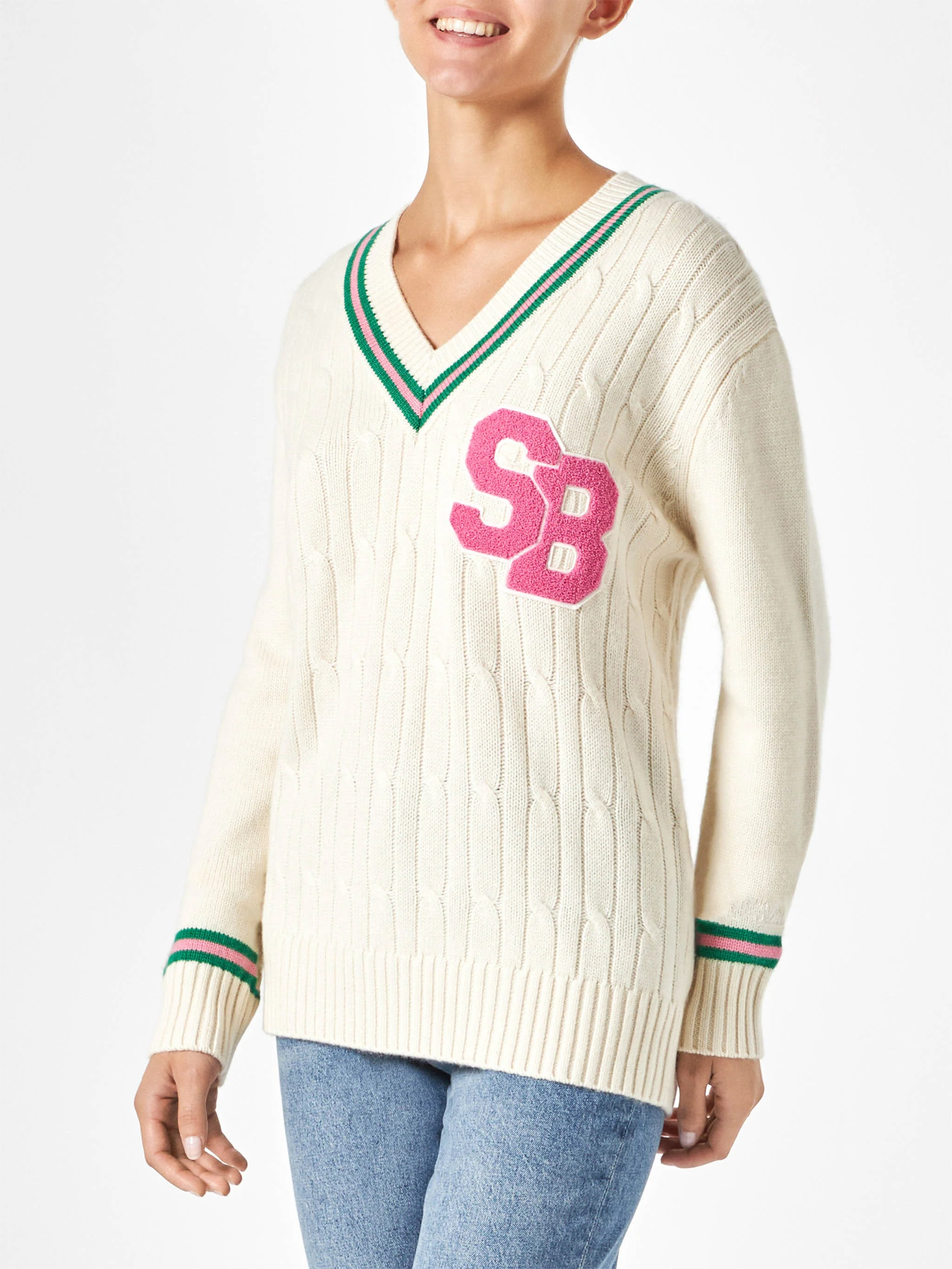 Maglione da donna scollo a v intrecciato con patch
