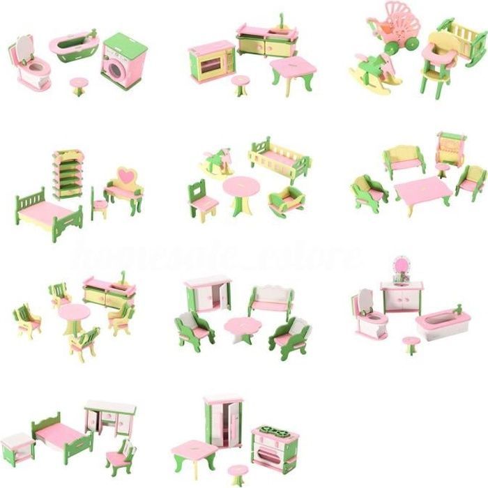 49 Pcs 11 Ensembles Bebe En Bois Meubles Poupees Maison Miniature Enfant Jouets Jouets Cadeaux