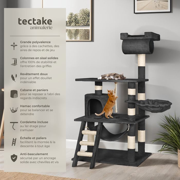Árbol rascador para gatos - TECTAKE - STOKELEY, 141 cm de altura, con zonas para dormir y cuerda - Negro