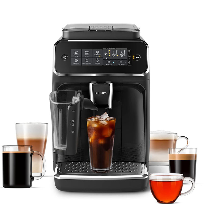 Philips 3200 Serie Volautomatische Espressomachine - LatteGo Melkschuimer & IJskoffie, 5 Koffiesoorten, Intuïtief Touchscreen, Zwart, (EP3241/74)