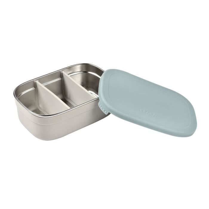 BEABA, Fiambrera infantil de acero inoxidable con tapa de silicona y cubierta protectora, color gris terciopelo y azul.