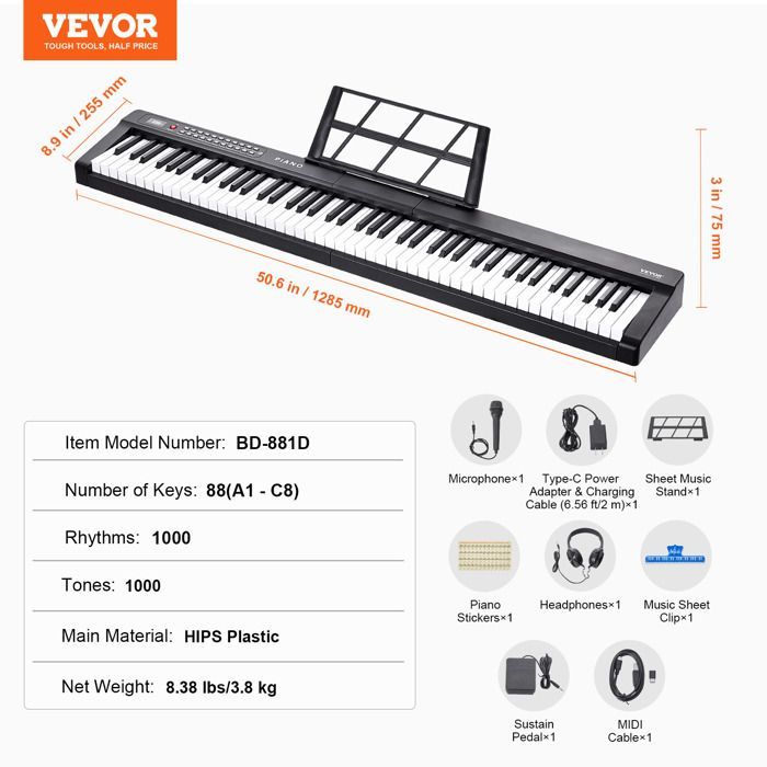 Tastiera digitale VEVOR - 88 tasti - 1000 suoni - Pedale sustain, cuffie, microfono, USB MIDI, per principianti