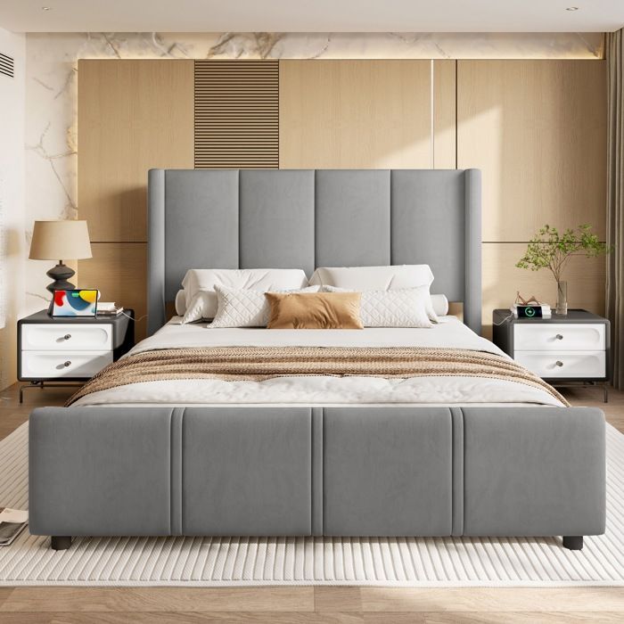 Verhoiltu parisänky 160 x 200 cm, samettipäällysteinen aikuisten sänky korkealla sängynpäädyllä, USB-porteilla ja sälepohjalla - harmaa