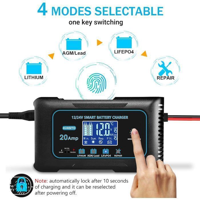 Cargador de batería inteligente de 20 A y 12 V/24 V, cargador de batería para coche, cargador mantenedor de batería automático