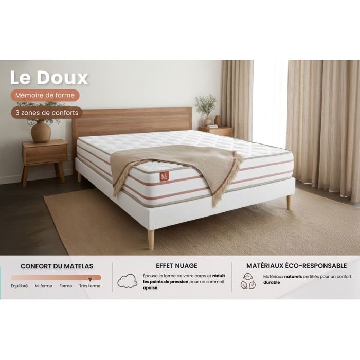 Ensemble LE DOUX 90x200cm Mémoire de forme 3 zones de confort - Ep. 24cm + sommier Blanc