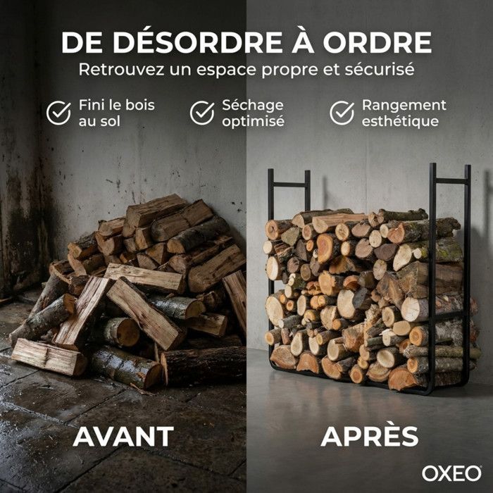 Range bûches XXL extensible - Range bois grande hauteur grosse capacité - Hauteur 1.5 m - Acier revêtement époxy
