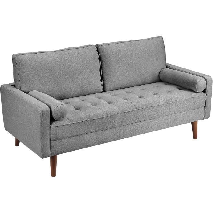 Canapé 3 Places en Tissu  Lin Velours,Fauteuil Scandinave avec 2 Coussins pour Salon,Pied en Bois Massif,77x173x84cm,Gris