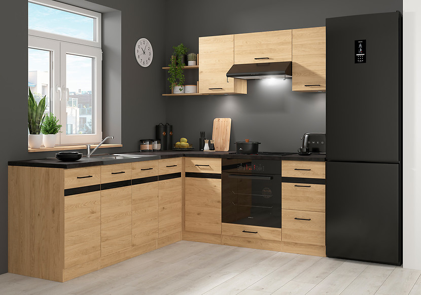 Komplet kuchenny narożny Junona Line 200x220 prawy dąb bernstein  z blatem