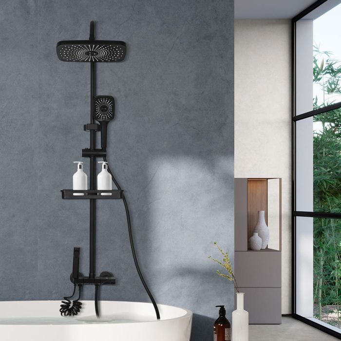Colonna doccia termostatica MASTER, regolazione multimodale, doccetta flessibile, regolabile in altezza, nera