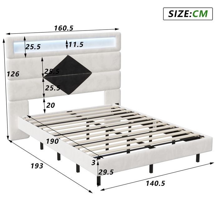 Cama doble de 140x190 cm - Terciopelo beige - Cabecero con iluminación LED - Somier de láminas - Diseño moderno