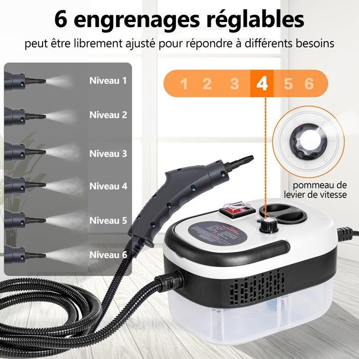 Limpiador a vapor de 2500 W, con 5 cabezales de cepillo, ajustable a 6 niveles, para limpiar suciedad, grasa y polvo, color negro.