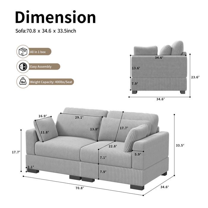 Canapé 2 places - EIFSON - Convertible modulable - Rayures verticales - Gris - Design contemporain