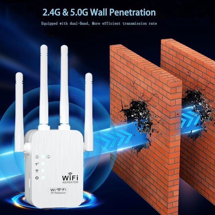 WLAN-Repeater, 1200 Mbit/s WLAN-Verstärker, 5 GHz/2,4 GHz Leistungsstarker WLAN-Repeater mit 4 Antennen, Gigabit-Ethernet-Anschluss