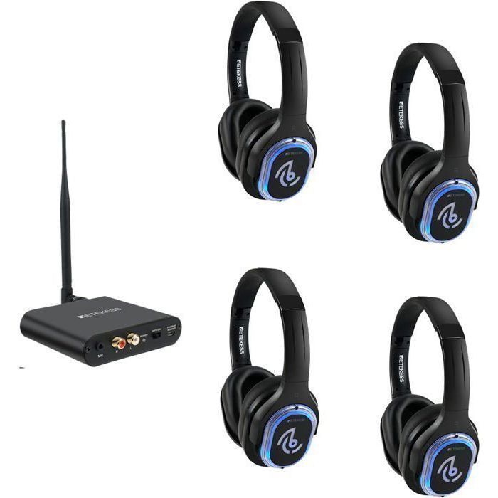 Retekess TA004 Casque TV sans Fil, Kit de démarrage Silent Disco, portée de 200m, 4 écouteurs, ensemble de casques pour les fêtes