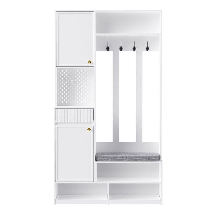 Meuble d’entrée avec rangement et banc – Vestiaire avec miroir, étagères et porte-manteaux, meuble chaussure blanc