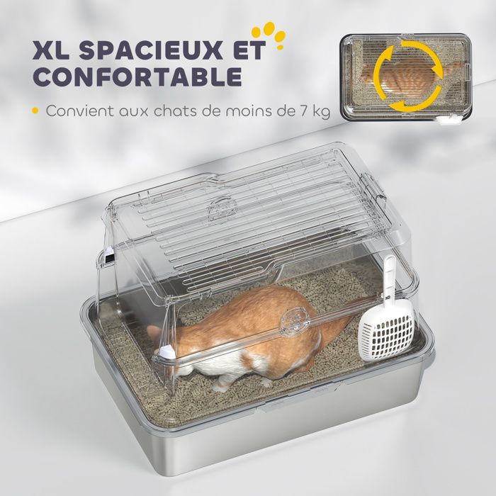 XL enclosed stainless steel litter box, large cat toilet, 60.2 x 40.2 x 43.3 cm, light gray
