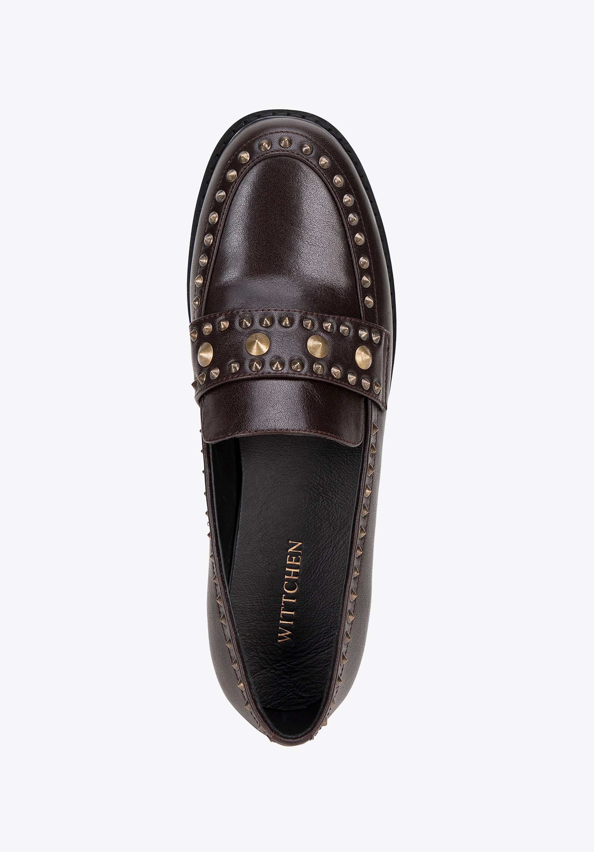 Damskie loafersy skórzane z ozdobnymi nitami brązowe