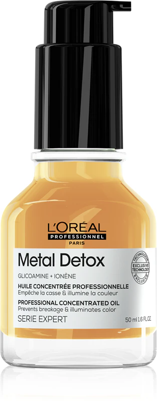 Óleo capilar nutritivo L'Oréal Professionnel Serie Expert Metal Detox para tratar cabelos quebradiços.