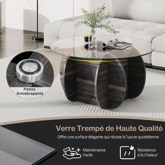 Mesa de centro redonda de 89 cm COSTWAY, tablero de cristal templado, base de madera maciza, compartimento de almacenamiento oculto, capacidad de carga de 100 kg.