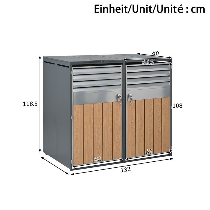 Cobertizo para contenedores HOMVRA, tapa de 2 compartimentos con tapa hidráulica y 2 puertas ventiladas, acero, gris y madera.