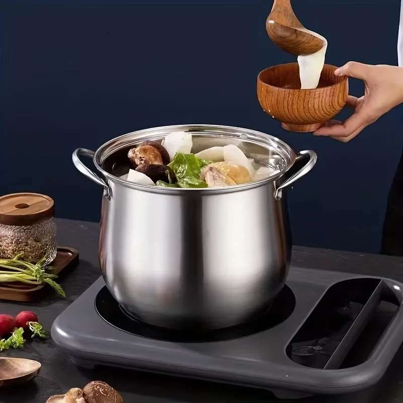 1 marmite en acier inoxydable grande capacité pour soupe, nouilles, ragoûts et soupes de poulet. Compatible avec les plaques à induction et à gaz.