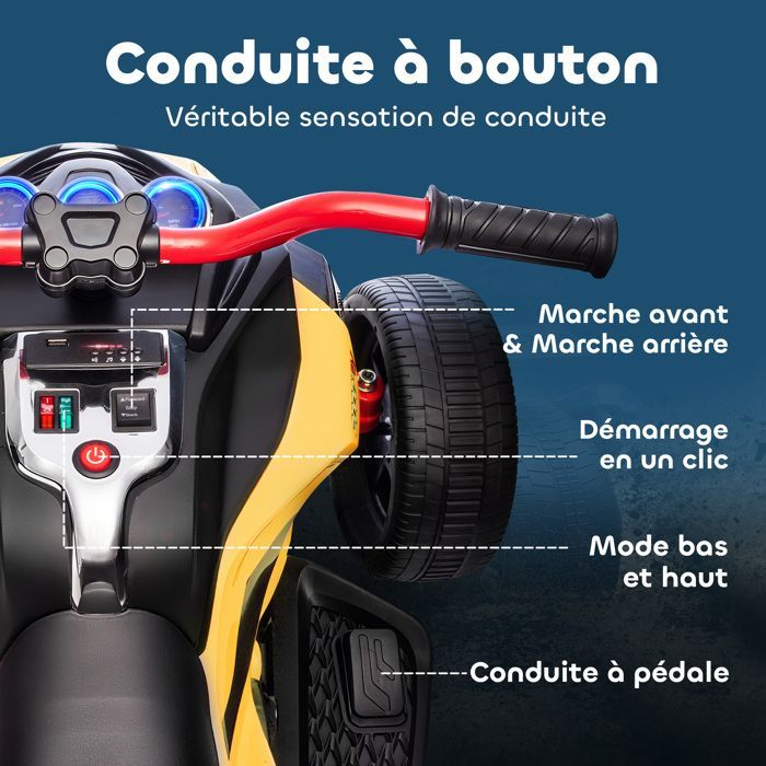 Quad eléctrico infantil - Coche eléctrico para niños - AIYAPLAY - 12V, 3 ruedas, 2 motores, reproductor MP3 - 113 x 74 x 63 cm - Amarillo