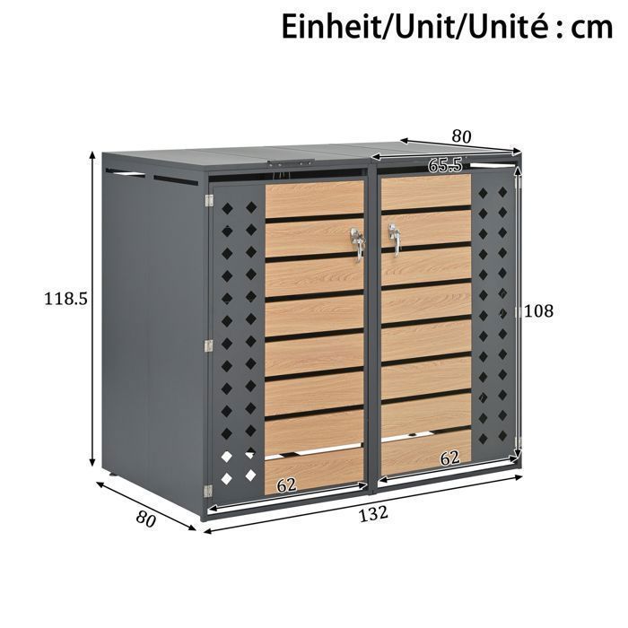 Cache-Poubelle Double 132×80×118.5cm - Couvercle Hydraulique - Design Losange & Verrouillable - Acier Galvanisé Aspect Bois