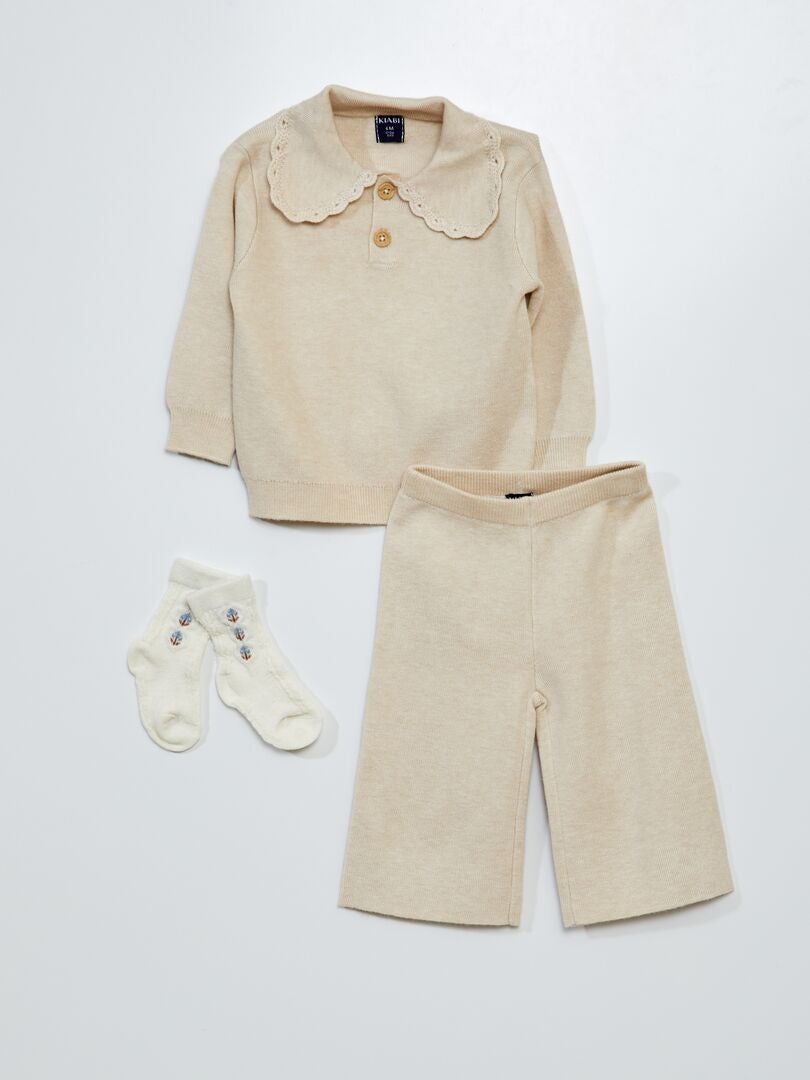 Conjunto de 3 peças: suéter, calça e meias - BEGE