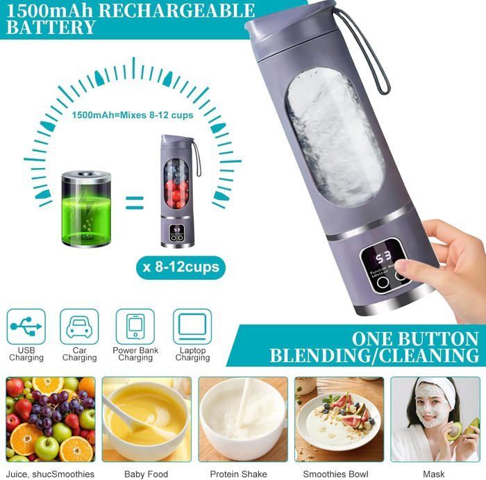 Presse-agrumes électrique portable - 12 lames avec affichage numérique, 3 modes, nettoyage facile, violet