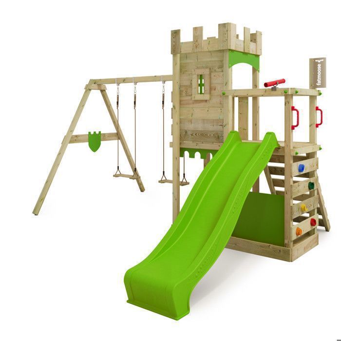 Torre de madeira FATMOOSE BoldBaron XXL com balanço duplo, escorregador verde-maçã de 220 cm e parede de escalada – 10 anos de garantia*