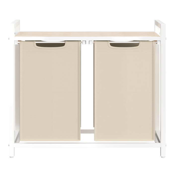 Cesto portabiancheria a 2 scomparti con ripiano portaoggetti, sacco rimovibile, struttura in metallo, 2 x 46 L, beige