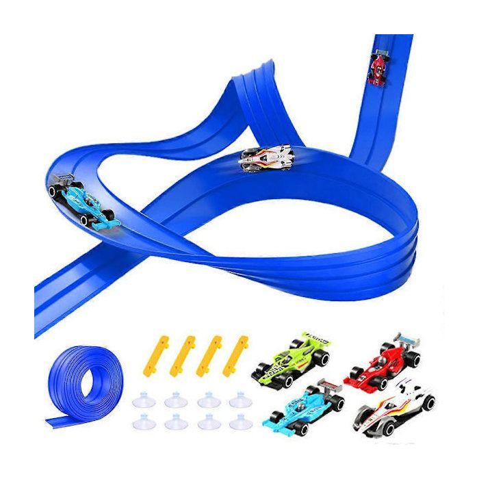 5M Flexible Kids Car Track, Inertia Racing Track with 4 Cars & 12 Suction Cups, Racing Game for Children 3+