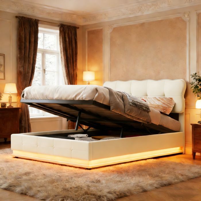 Lit 140x190 cm - LED - tissu en velours - cadre de lit adulte - beige