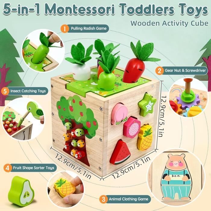 Cube d'activité - MARQUE - 5 en 1 - Jouet éducatif en bois - Pour enfants 18 mois et plus