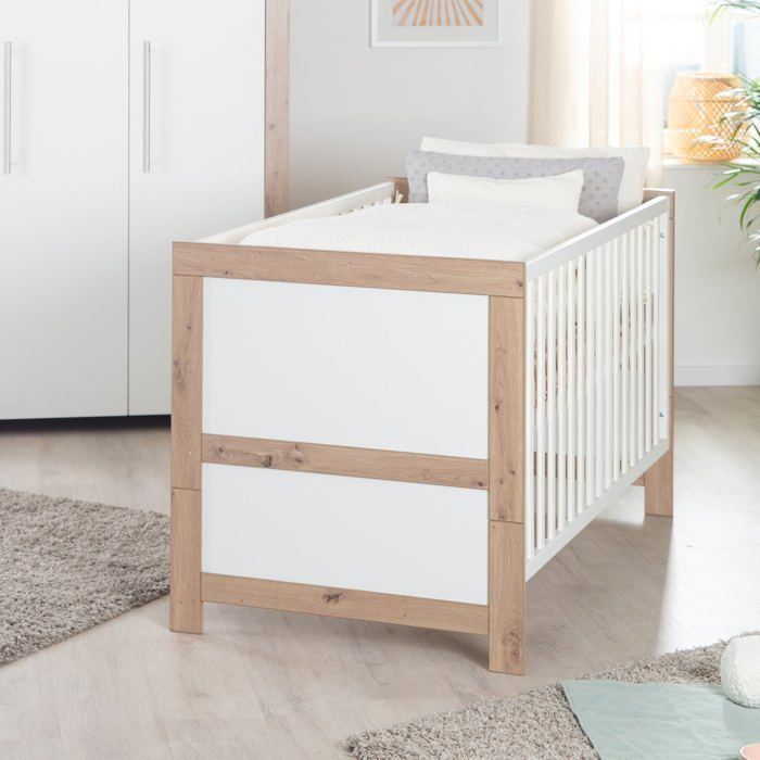 Conjunto completo para habitación infantil ROBA - Malo - Cuna convertible de 70x140 cm + cambiador + armario de 3 puertas - Blanco - Acabado en roble