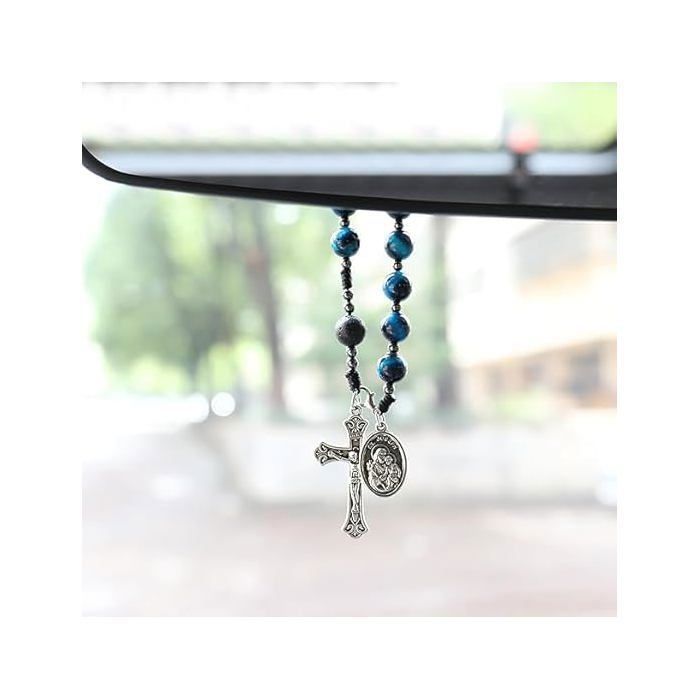 Nazareth Store Chapelet Perles Œil de Tigre Bleu Une Décade Fait Main Médaille Saint Joseph Croix Argent Antique Compact Prière