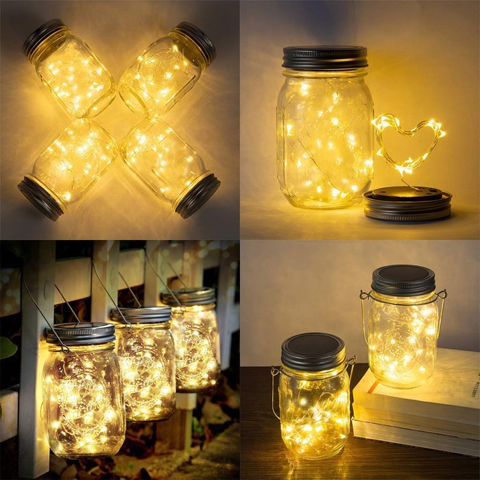 Luzes de fada LED à prova d'água feitas com tampas de potes de vidro para iluminação solar, ideais para jardins internos e externos.